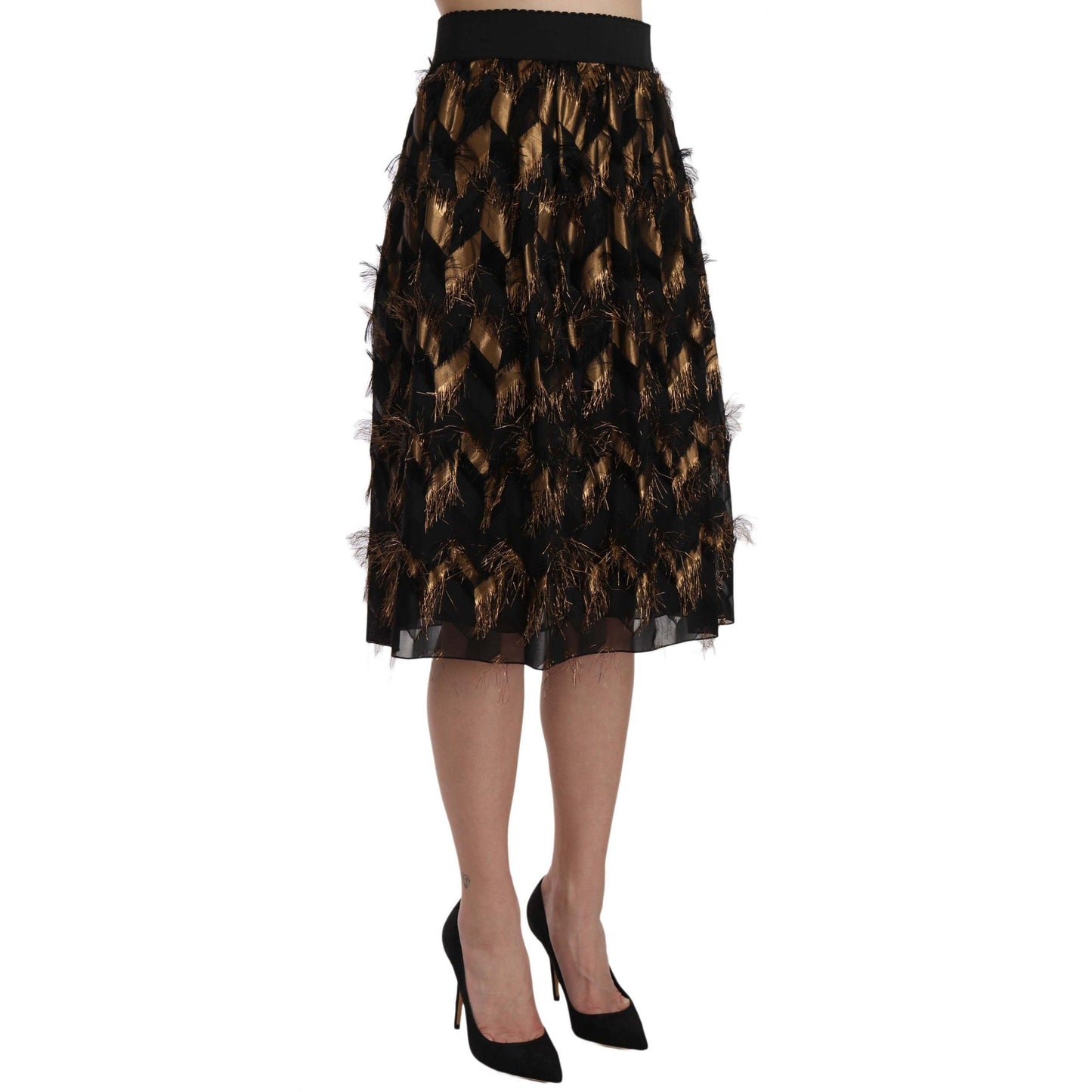 Dolce & Gabbana Black Gold Fringe Metallic Pencil A-line Skirt