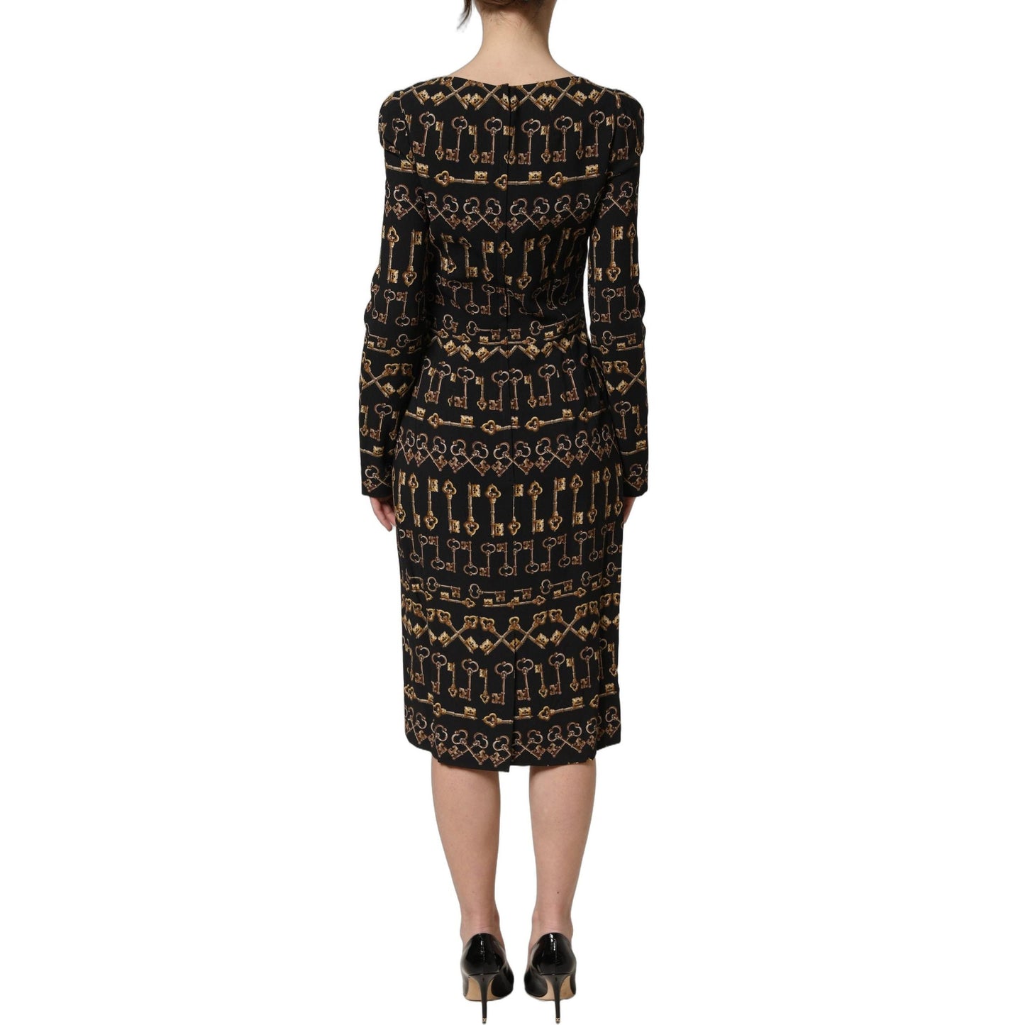 Dolce & Gabbana Black Key Print Long Sleeves Sheath Midi Dress