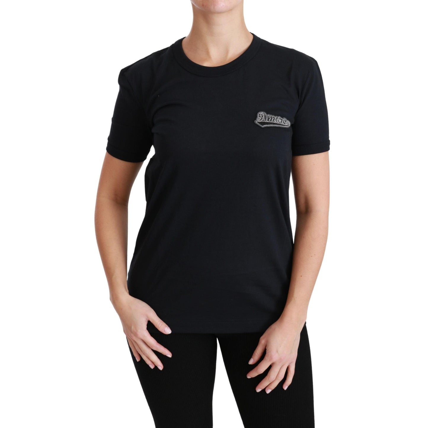 Dolce & Gabbana Blue Amore Patch Crewneck Cotton Top T-shirt