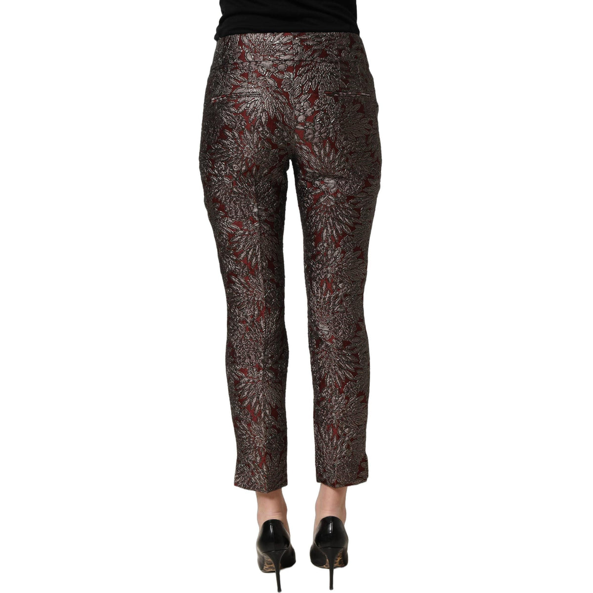Dolce & Gabbana Burgundy Grey Floral Jacquard Straight Pants