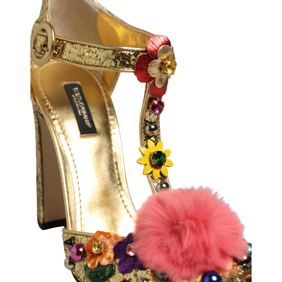 Dolce & Gabbana Gold Fur Trim Glitter T-strap Sandals Shoes