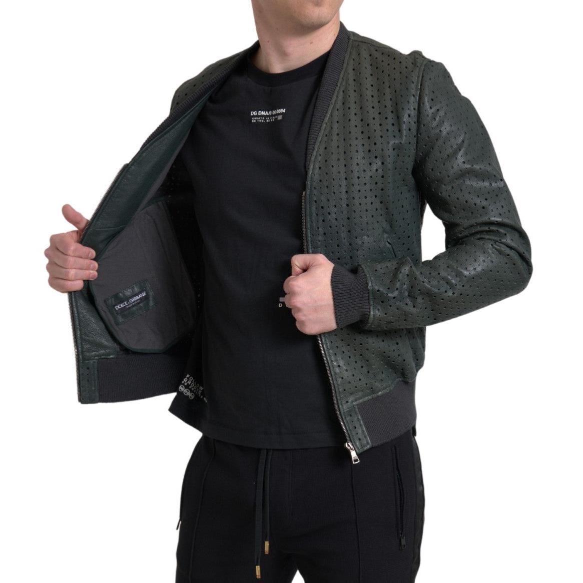 Dolce & Gabbana Green Perforated Leather Bomber Jacket