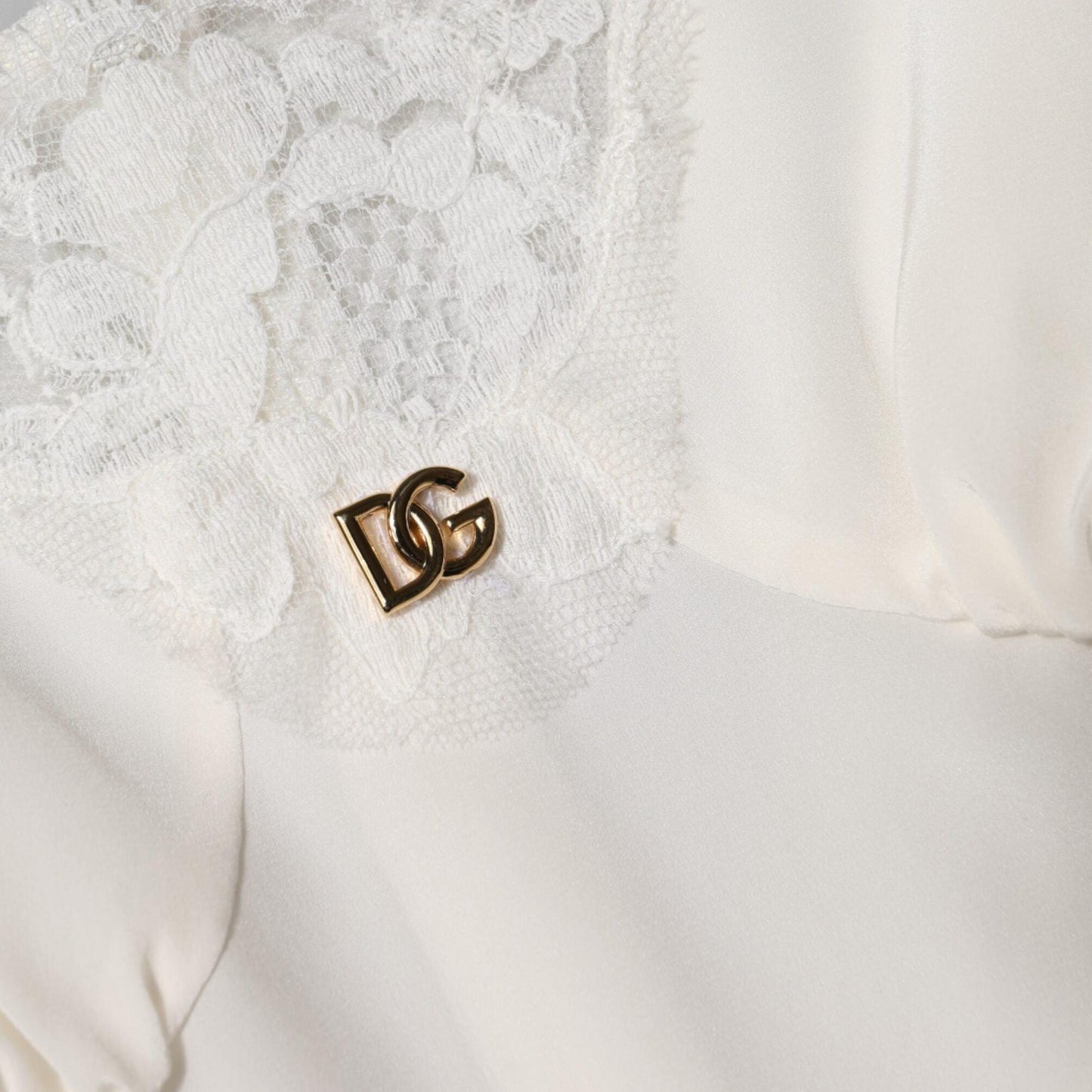 Dolce & Gabbana White Lace Gold DG Logo Silk Dress Sleepwear