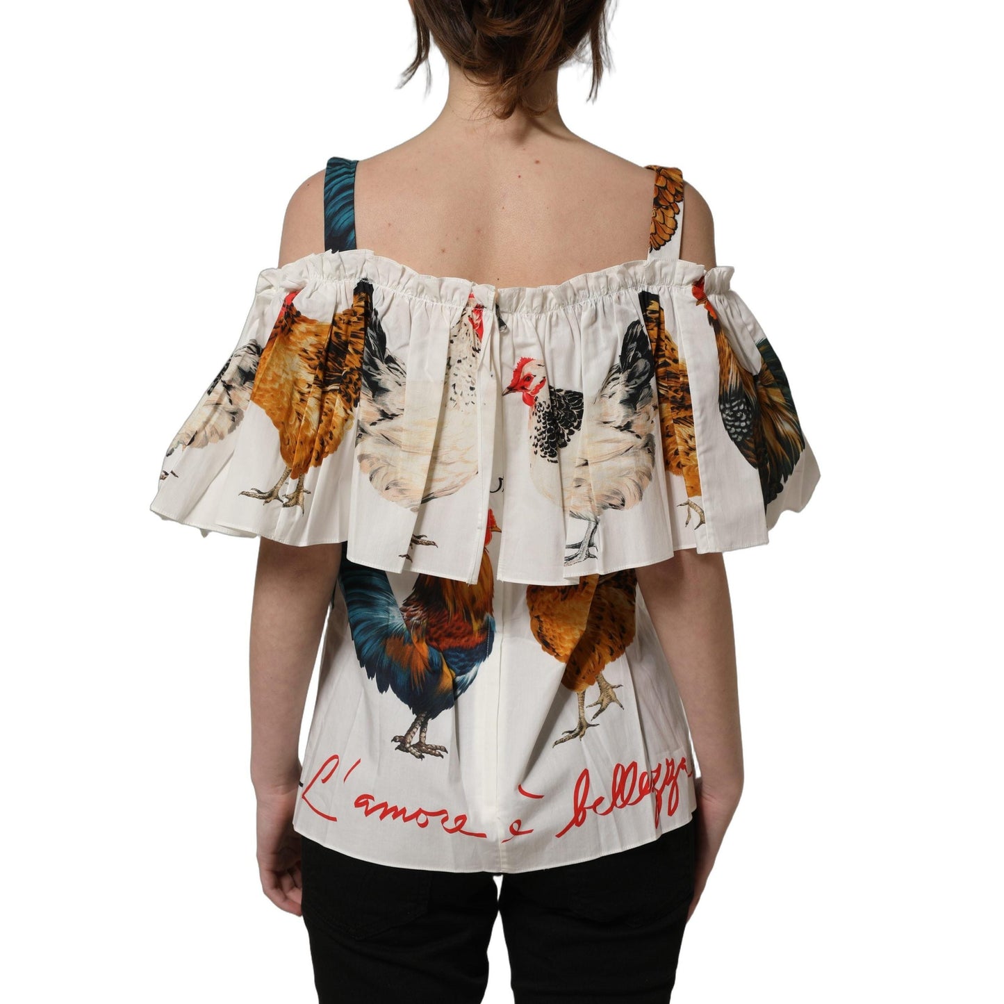 Dolce & Gabbana White Rooster Print Poplin Off The Shoulder Top
