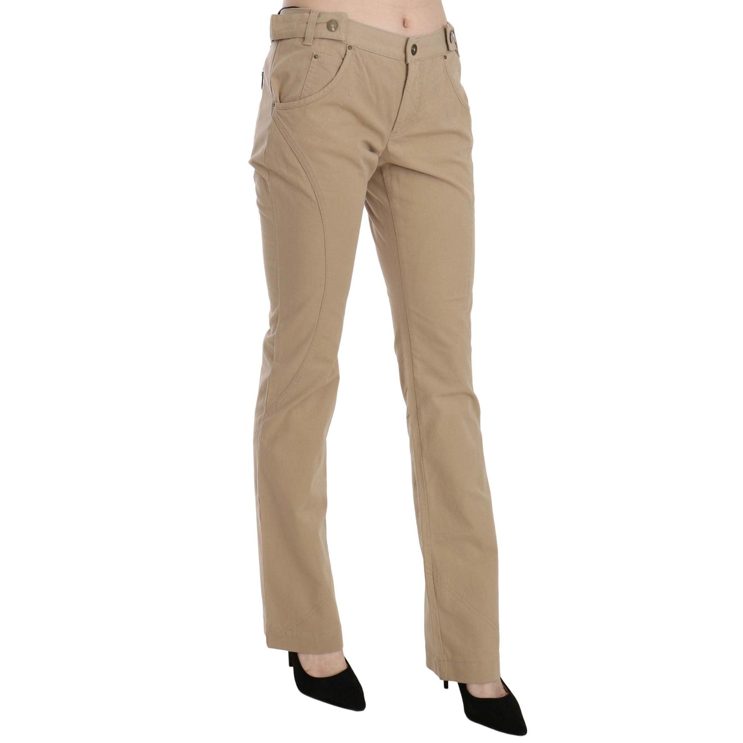 Just Cavalli Beige Cotton Mid Waist Straight Trousers Pants