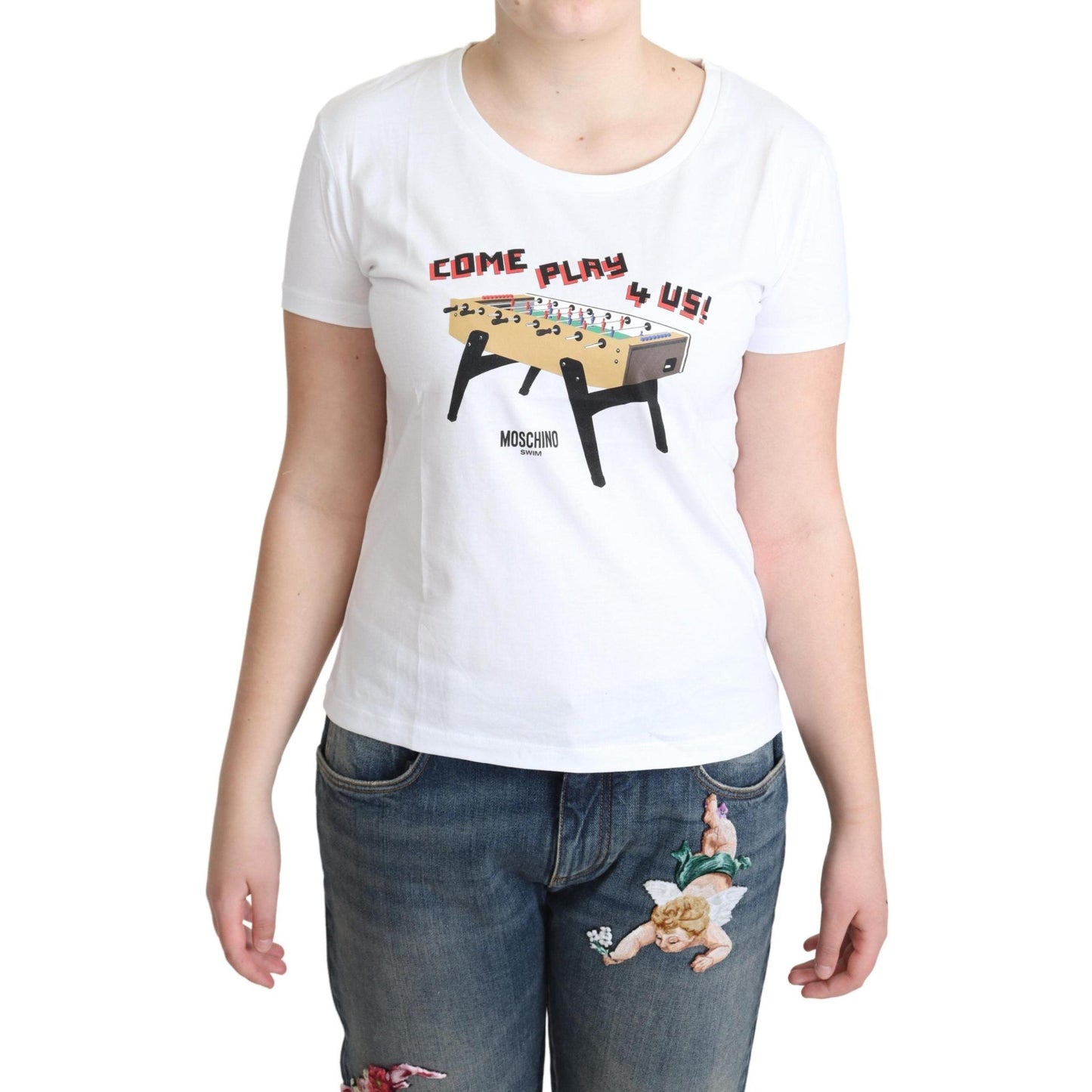 Moschino White Cotton Come Play 4 Us Print Tops T-shirt
