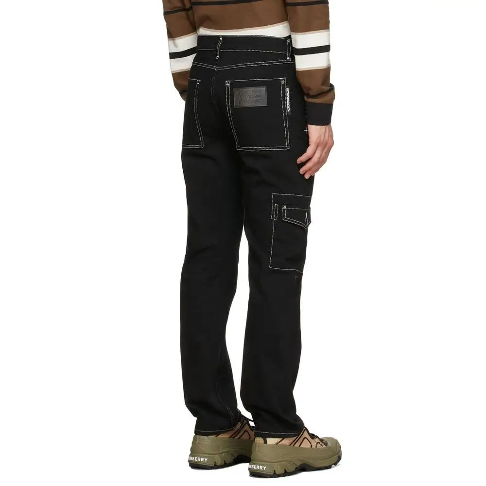 Burberry black cotton cargo pants with white stitching and leather patch