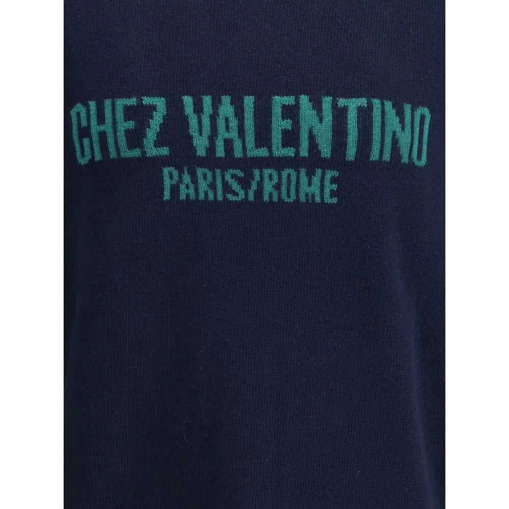 Mørkeblå strikketrøje med Chez Valentino Paris/Rome-logo i teal. 100% originale brands