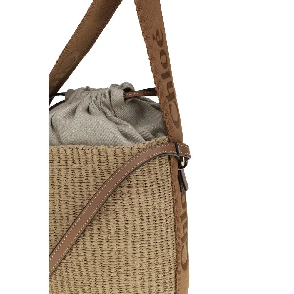 Chloé beige raffia bucket bag med brunt læder og logo
