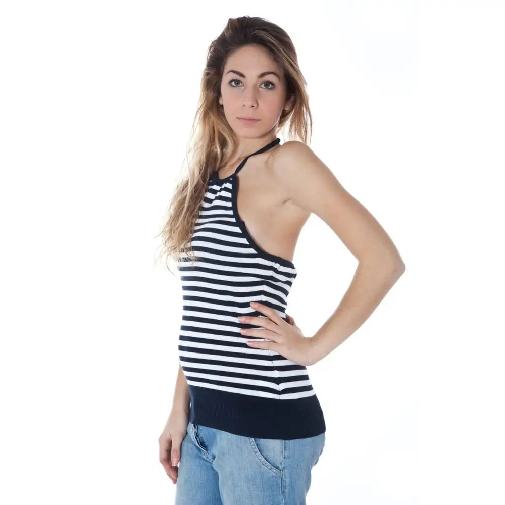 Datch blue cotton tank top med sorte-hvide vandrette striber og sort bund