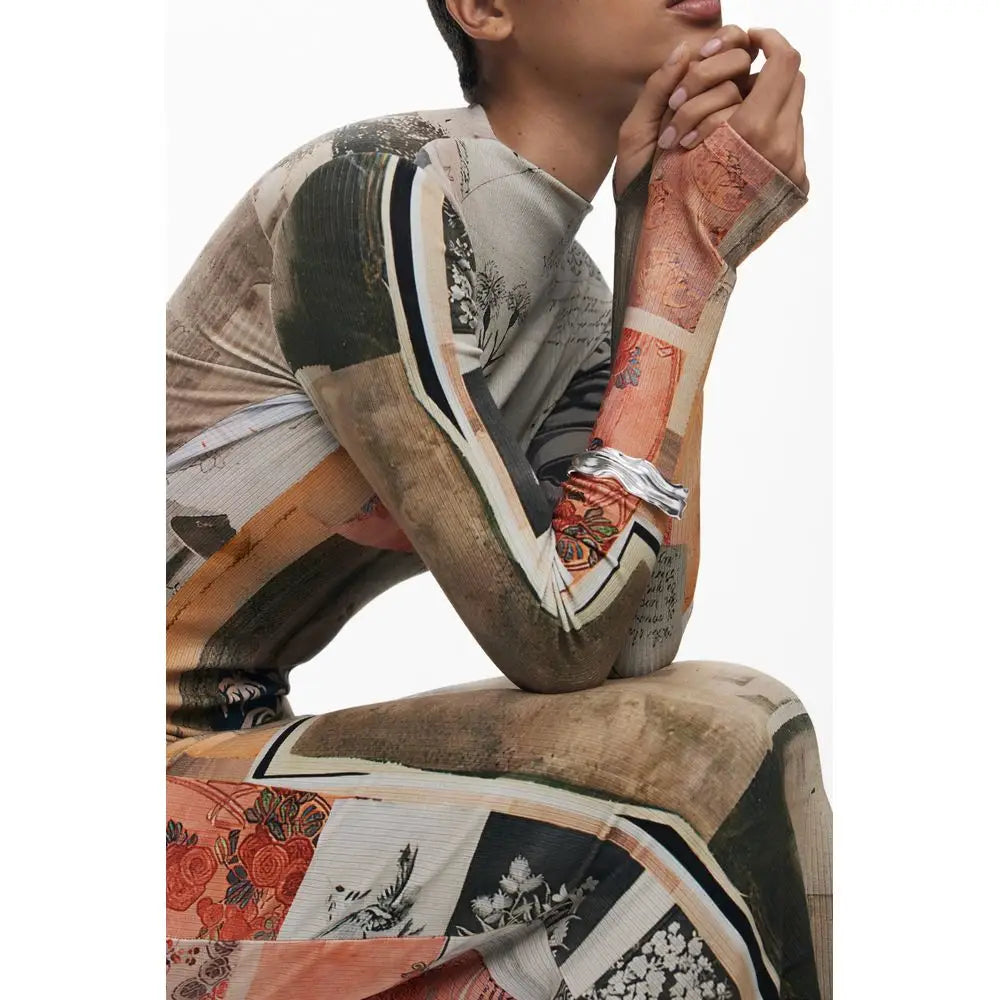 Desigual beige kjole med patchwork design i jordfarver