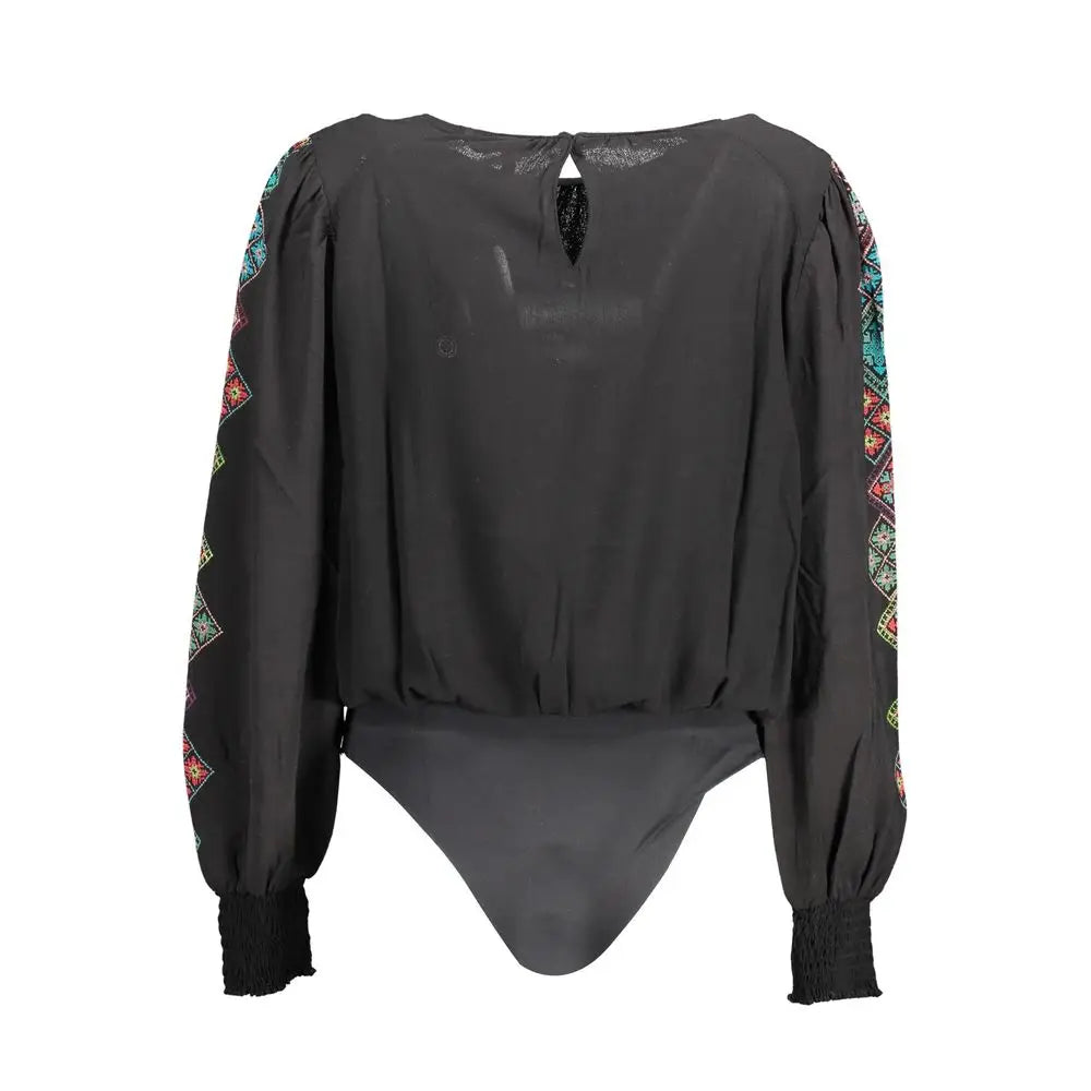 Desigual black elastane bodysuit with colorful geometric embroidery and lace back