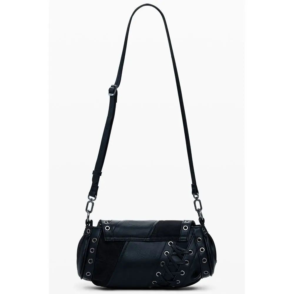 Desigual black polyethylene crossbody bag with silver eyelets and lace-up details