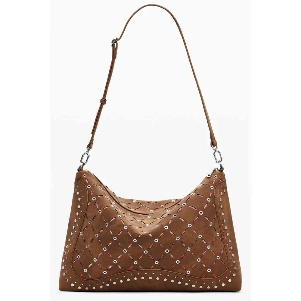 Desigual brown polyethylene hobo bag with suede quilted pattern and silver studs