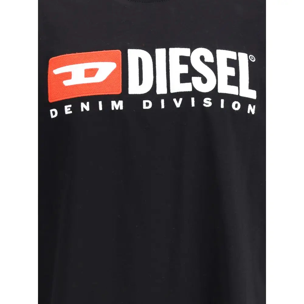Diesel Black Cotton T-shirt med hvidt logo og orange patch