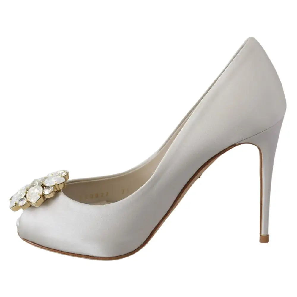 Dolce & Gabbana White Crystals Peep Toe Heels Satin Pumps Shoes