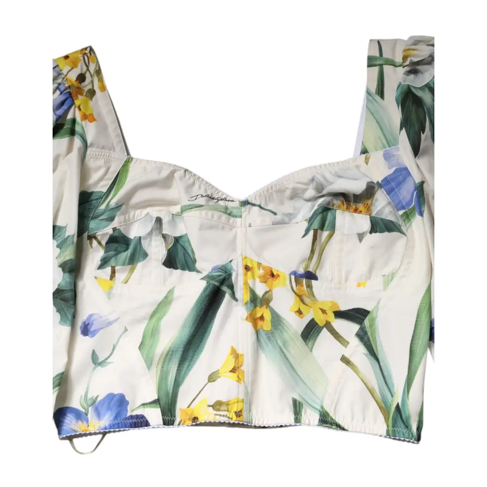 Dolce & Gabbana White Floral Puff Sleeves Crop Blouse Top - Bluser