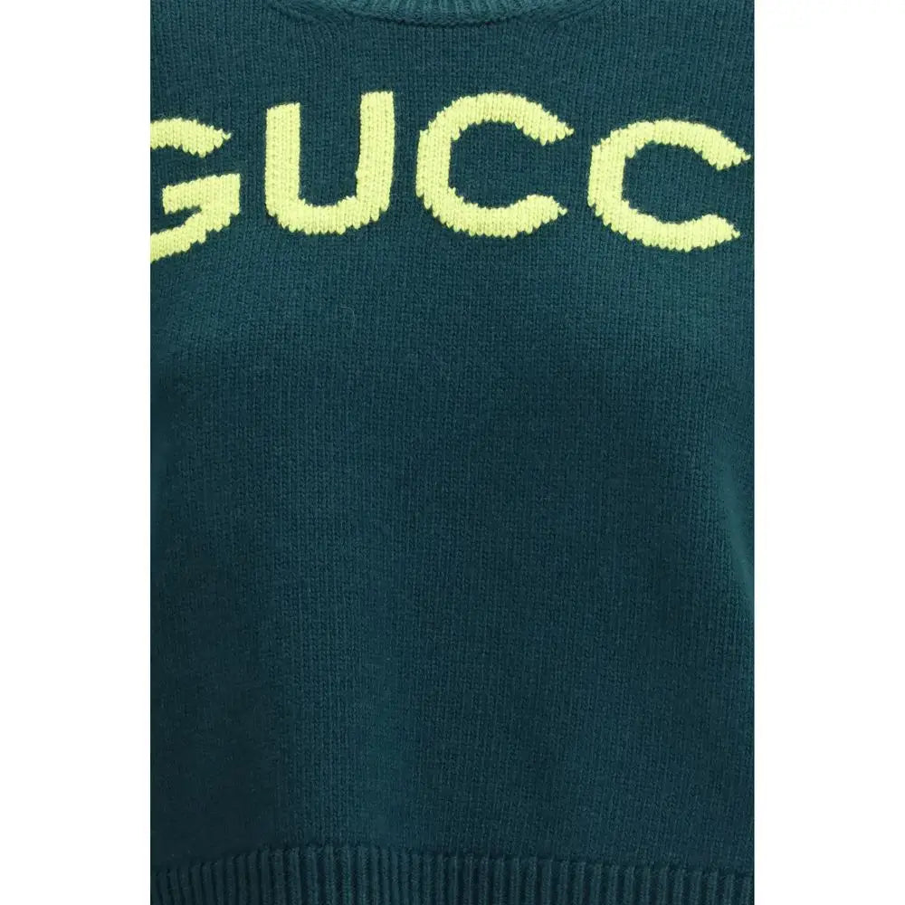 Mørk teal Gucci sweater med neon gul strikket bogstav på brystet, Gucci bicolor wool top
