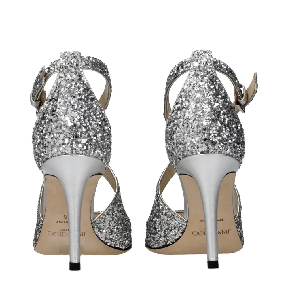 Jimmy Choo grå sandaler med sølv glitter og t-straps i outlet mærkevarer
