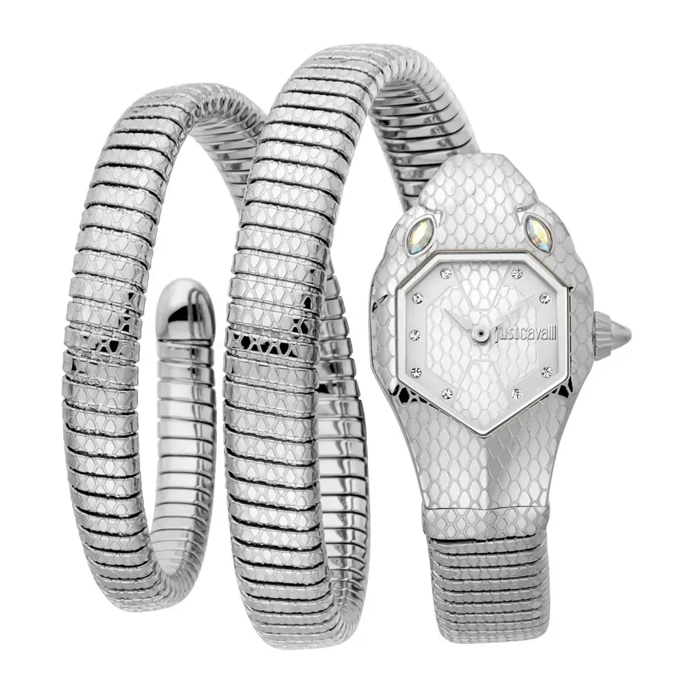 Just Cavalli Dame sølv slangeskabt ur med diamanter og tekstureret bånd