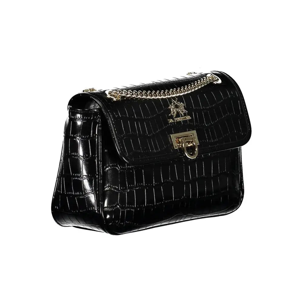 La Martina black polyethylene håndtaske med sort krokodillempresset design og guldtonet kæde
