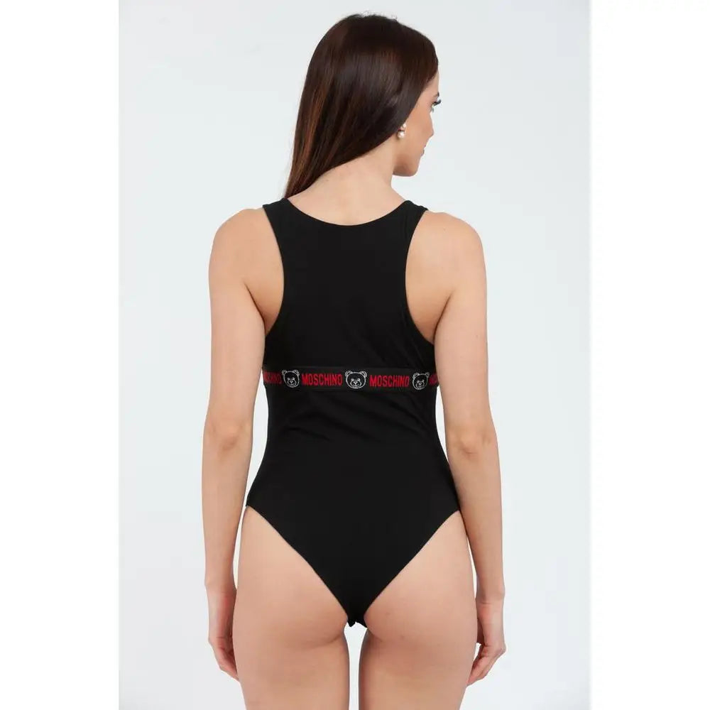Moschino black cotton bodysuit med rød-hvid logo på taljen