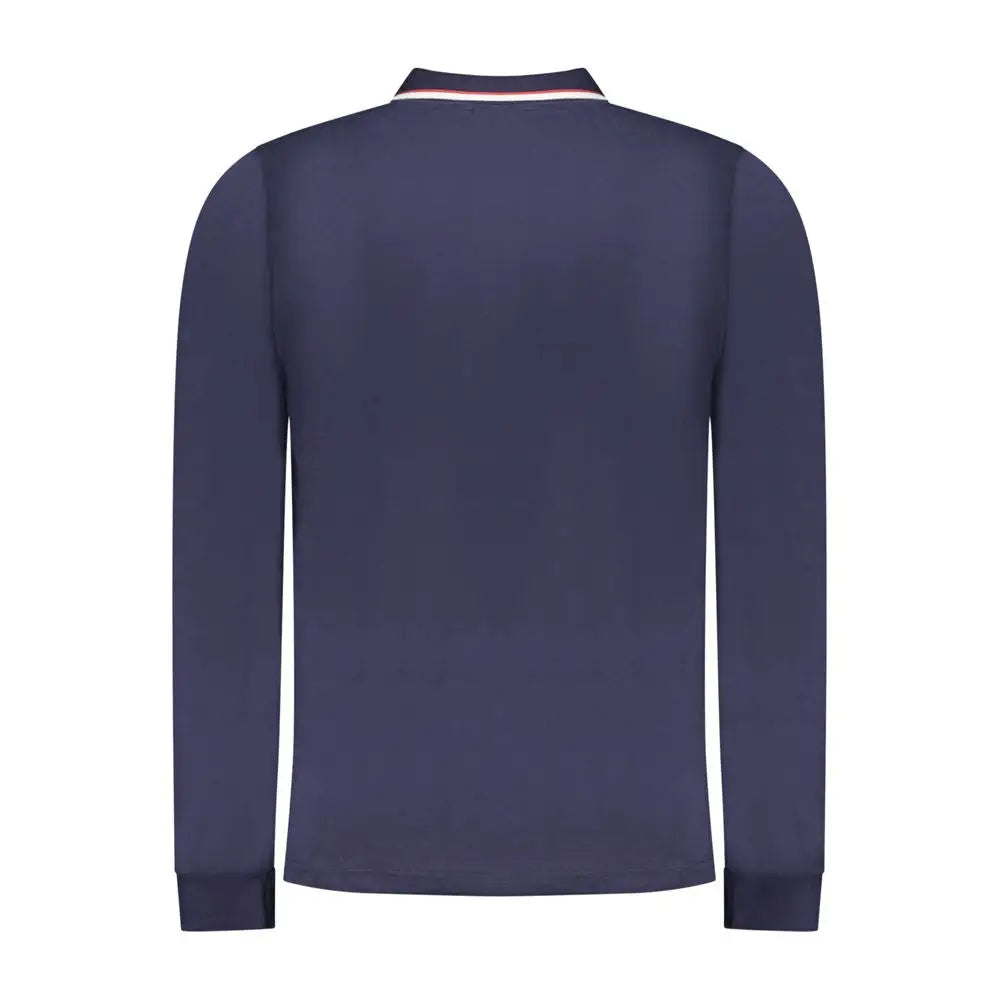 Navy blå langærmet polo shirt i blu cotton med rød, hvid og navy trim fra Norway 1963