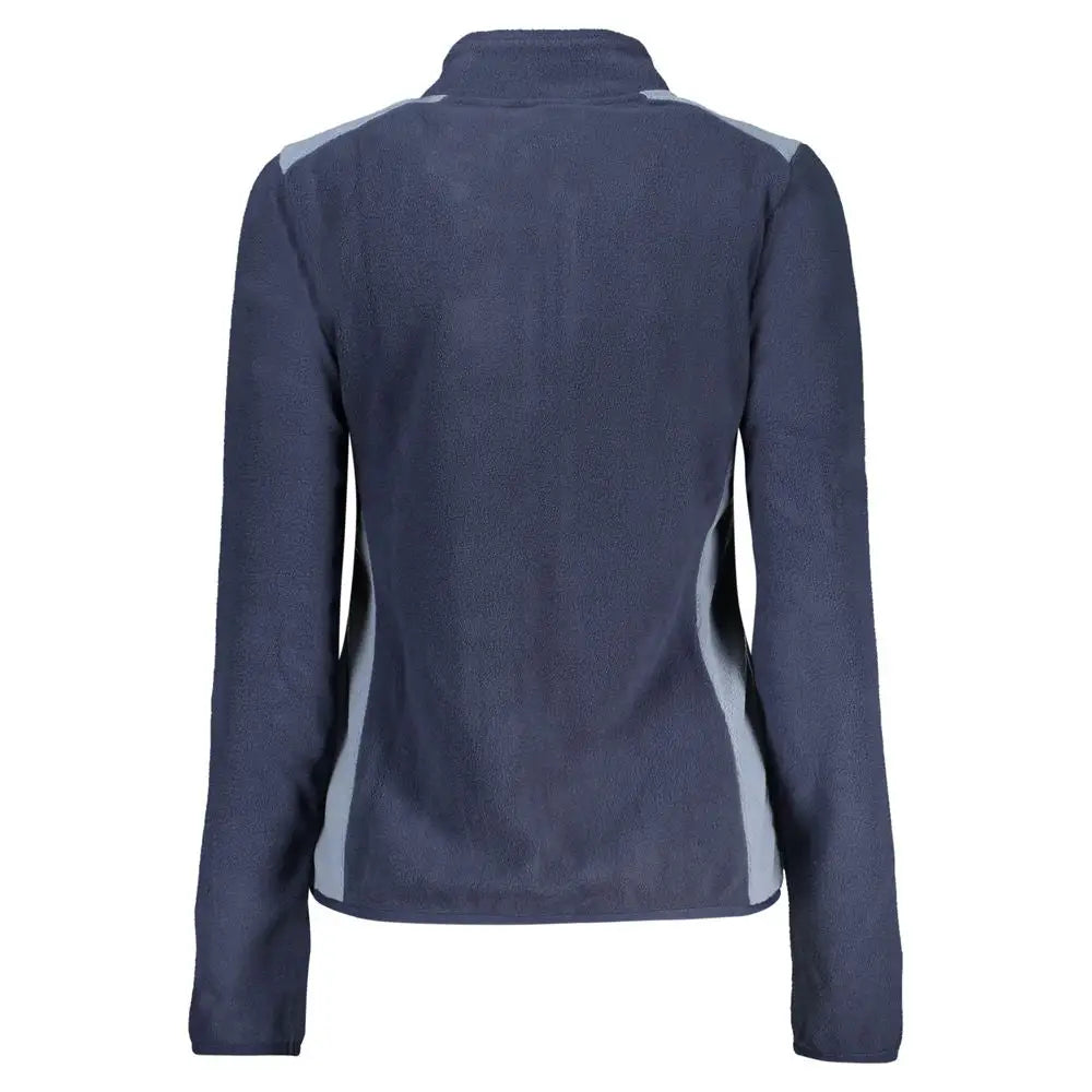 Blå polyester sweatshirt med navy blå og grå fleecelook, lynlås og ribkrave