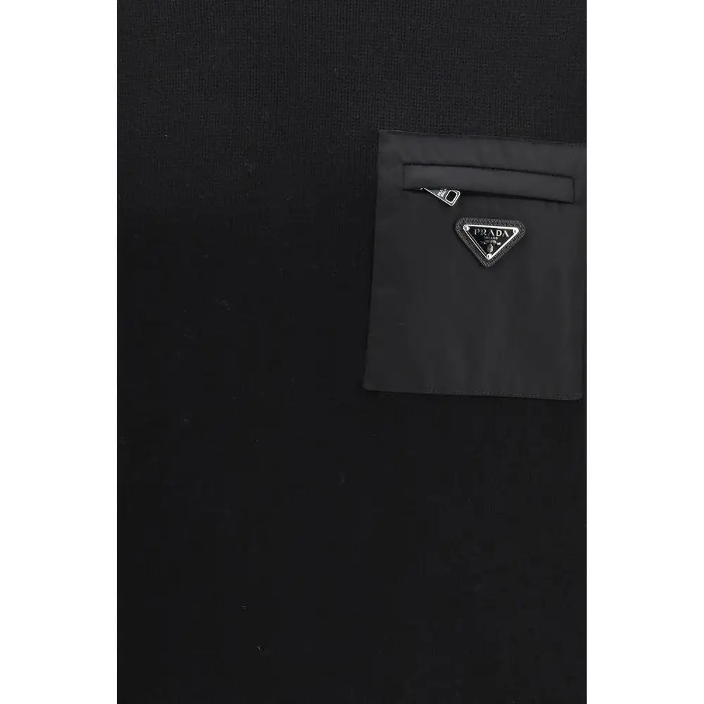 Prada black fleece wool sweatshirt med lynlås og trekantet logo