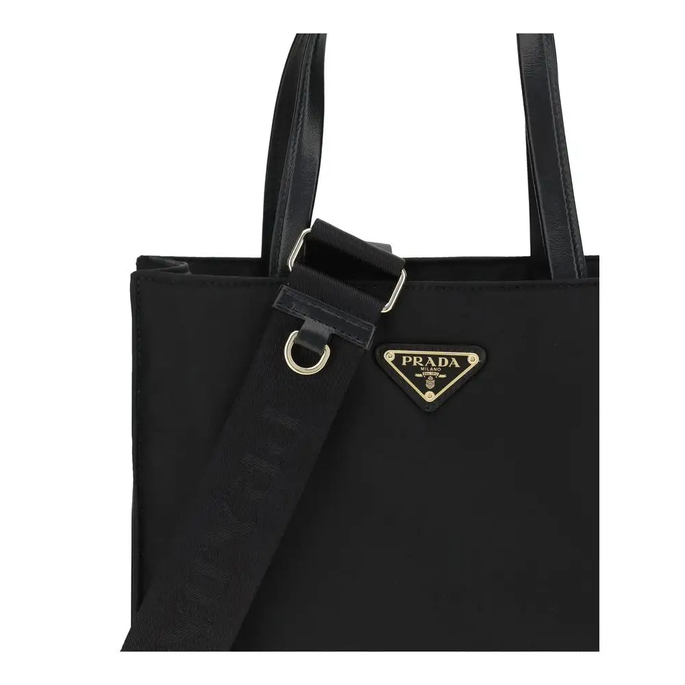 Prada black recycled polyamide tote bag with gold-tone logo plaque