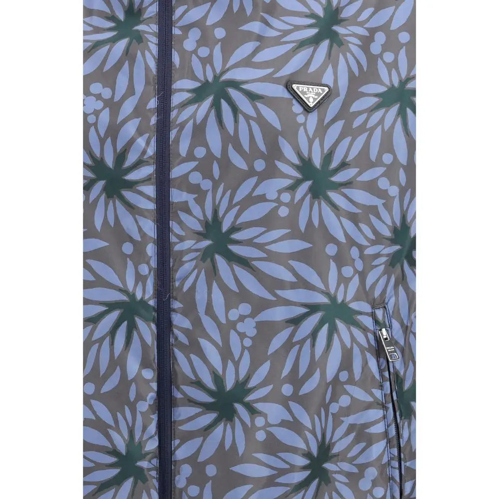 Prada blå genanvendt polyamid shell jakke i beige med grønne og hvide blomster