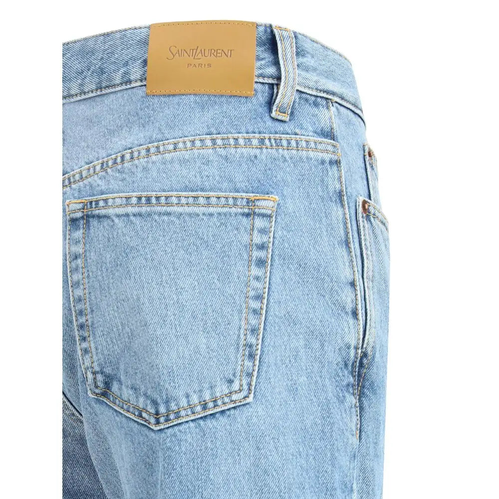 Saint Laurent light blue straight-leg jeans med tan læderlabel