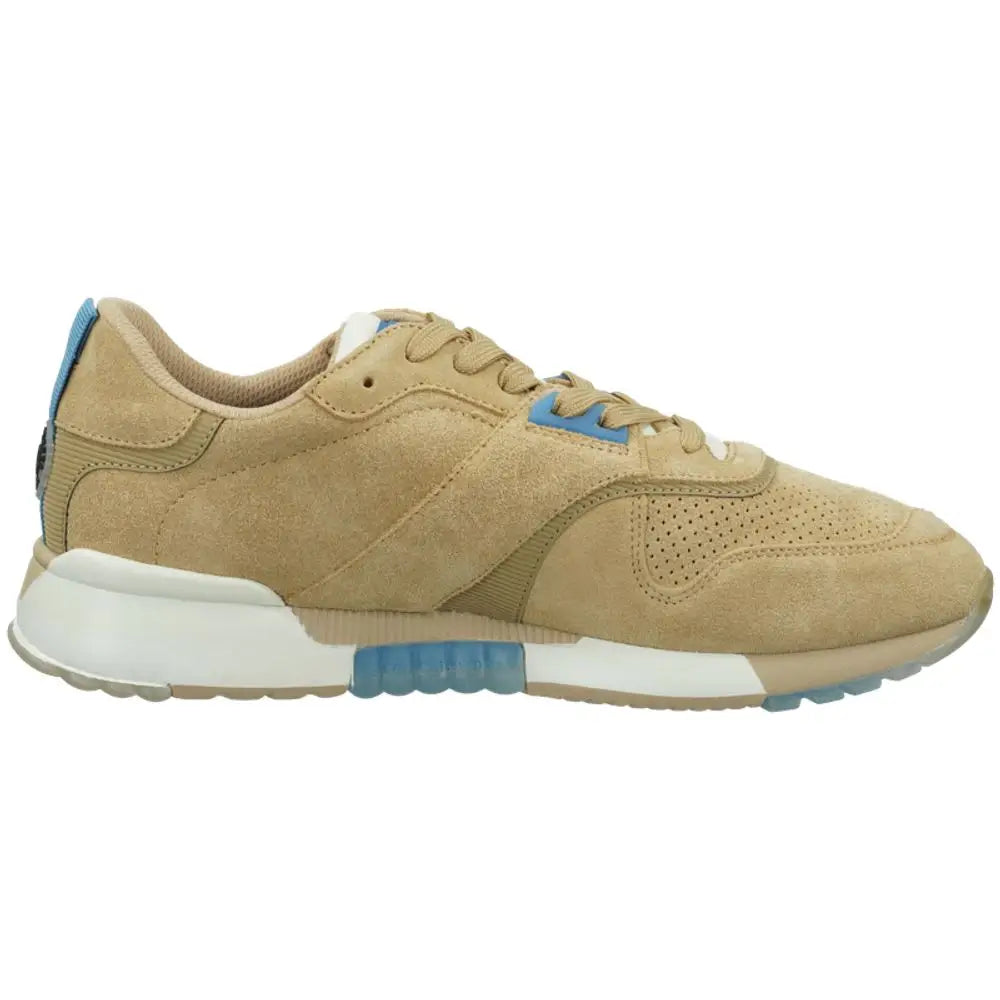Tan suede low top sneakers i Scotch & Soda beige læder med lyseblå accenter