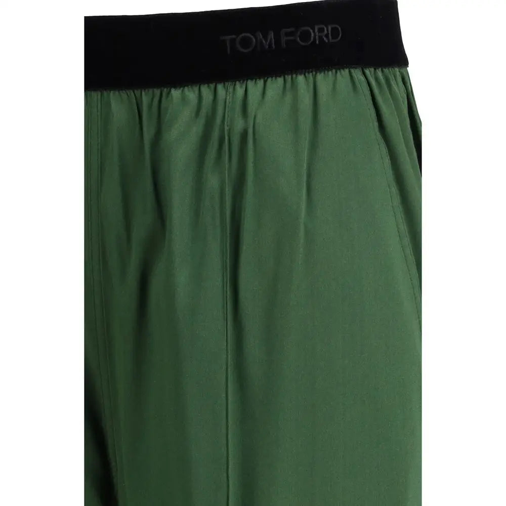 Tom Ford bicolor silk casual pants i grøn satin med sort elastik taljebånd