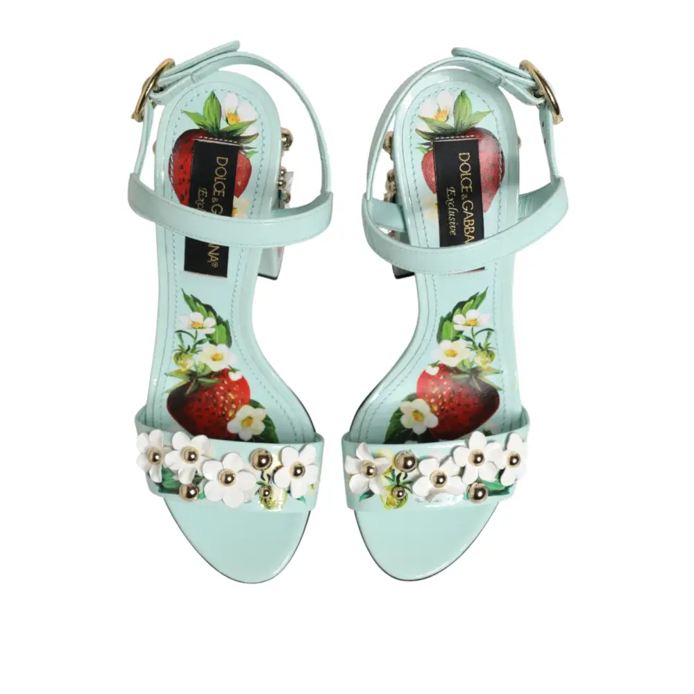 Dolce & Gabbana mint green floral studs heels sandals med jordbær og blomster