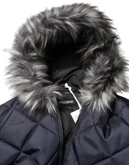 Dolce & Gabbana Black Quilted Fur Shearling Hooded Jacket