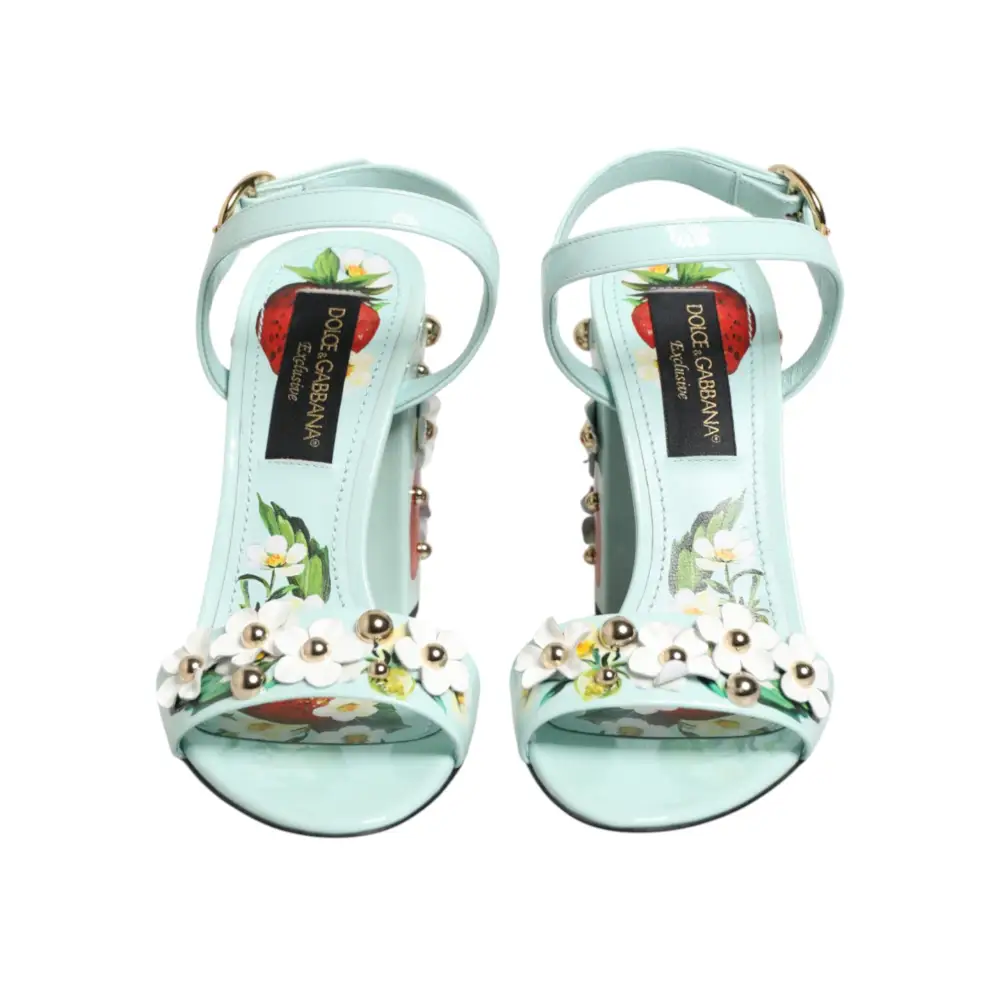 Dolce & Gabbana mint green floral studs heels sandals med jordbær og blomster