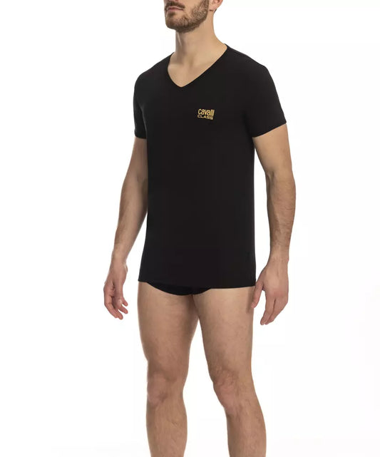 Cavalli Class Black Cotton Men's V-Neck T-Shirt