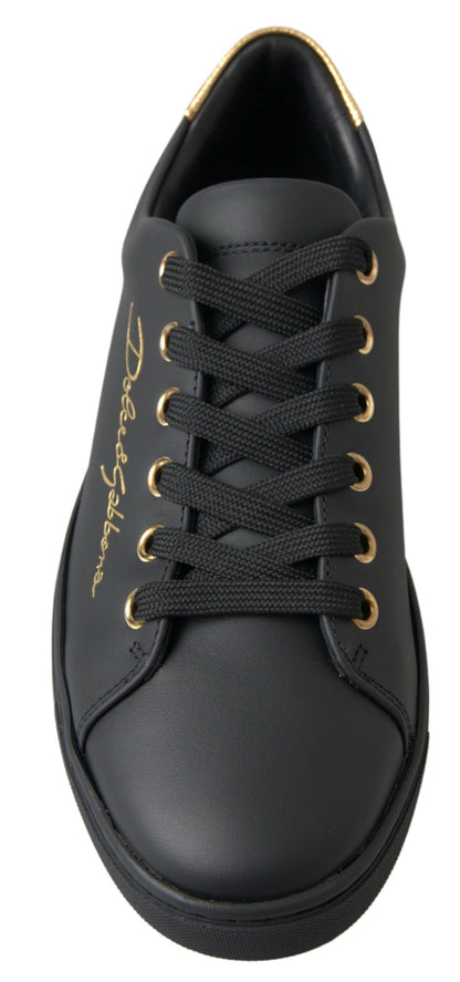 Dolce &amp; Gabbana Black Gold Leather Classic Sneakers Shoes