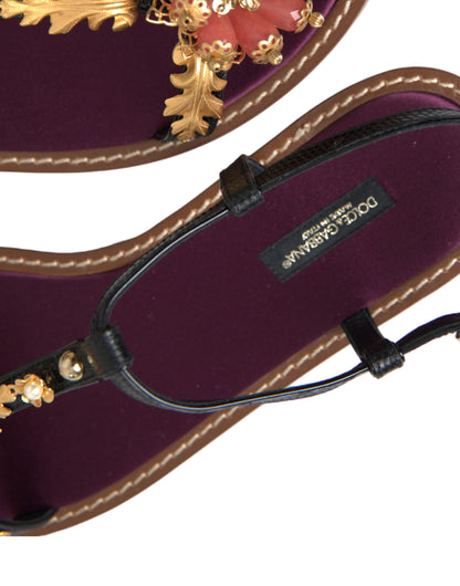 Dolce &amp; Gabbana Black Crystal Gold Sandals Leather Shoes