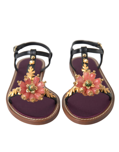 Dolce &amp; Gabbana Black Crystal Gold Sandals Leather Shoes