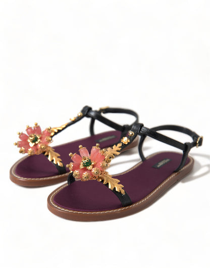 Dolce &amp; Gabbana Black Crystal Gold Sandals Leather Shoes