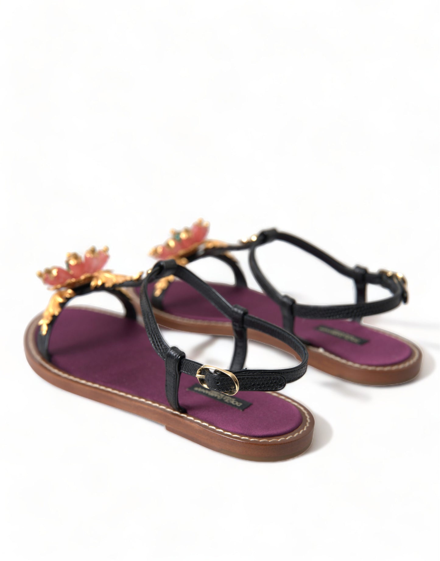 Dolce &amp; Gabbana Black Crystal Gold Sandals Leather Shoes