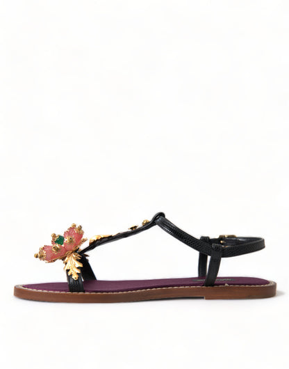 Dolce &amp; Gabbana Black Crystal Gold Sandals Leather Shoes