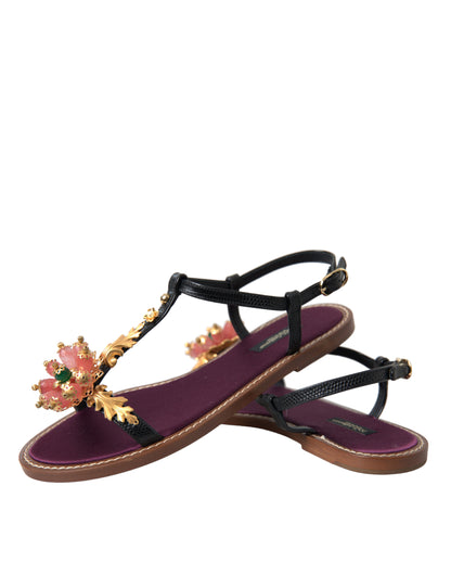 Dolce &amp; Gabbana Black Crystal Gold Sandals Leather Shoes