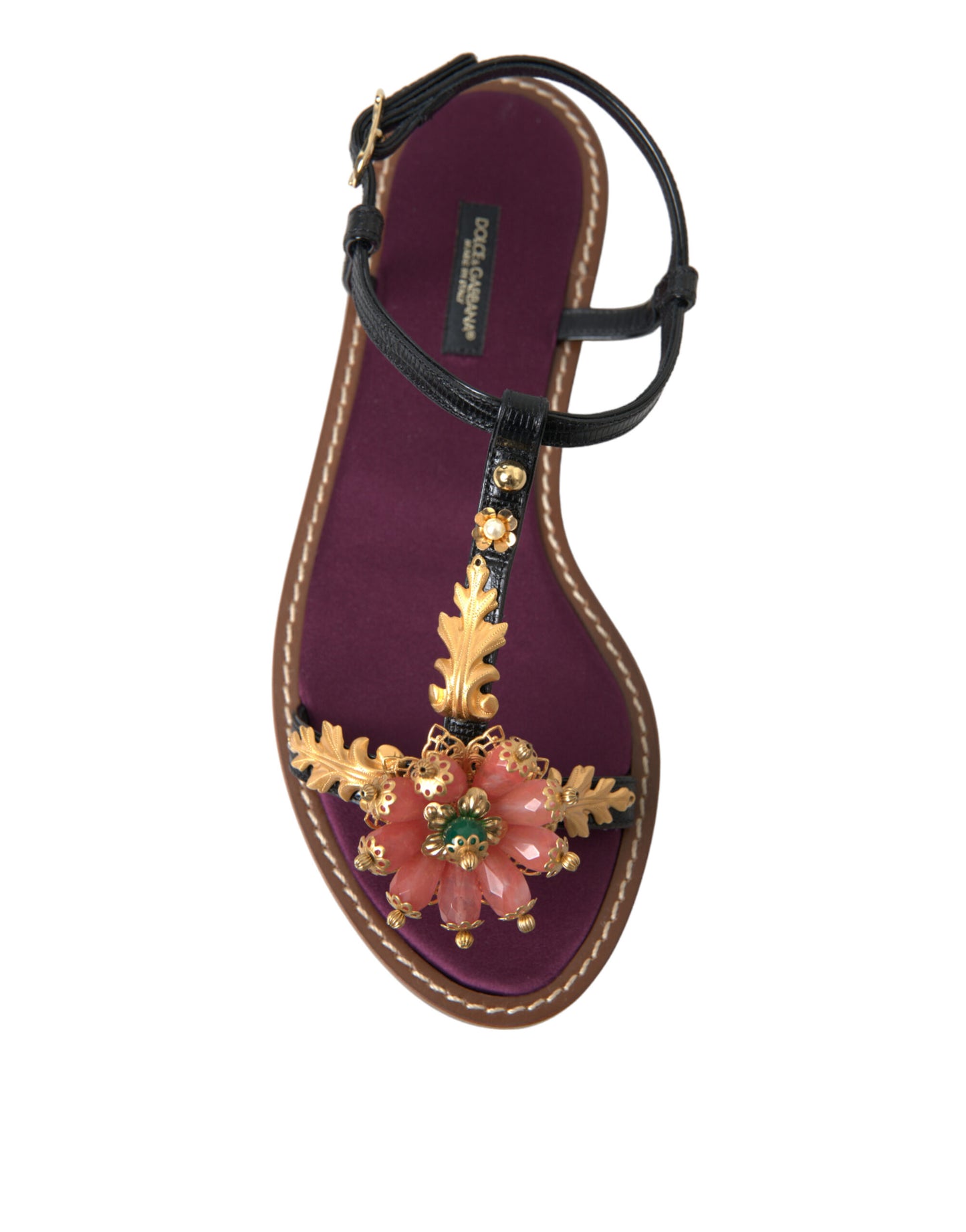 Dolce &amp; Gabbana Black Crystal Gold Sandals Leather Shoes