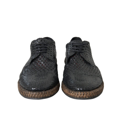 Dolce & Gabbana Black Woven Goat Leather Lace Up Derby Shoes