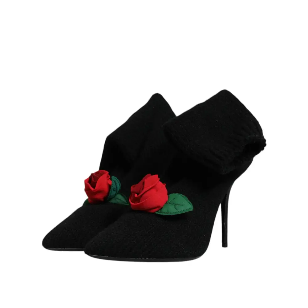 Dolce & Gabbana sorte velour ankelsko med rød rose, blad. Outlet mærkevarer 100% originale