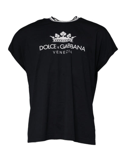 Dolce &amp; Gabbana Dark Blue Logo Crown Cotton Crew Neck T-Shirt