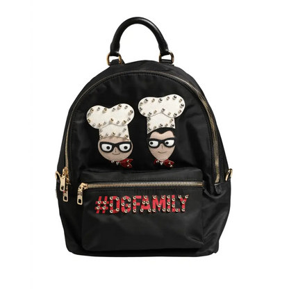 Dolce & Gabbana Vulcano black nylon backpack med broderede kokke og #dgfamily